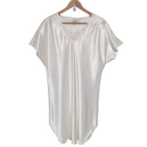 Vintage Ivory Satin Nightgown With Embroidered Pearl Beaded Neckline Bridal